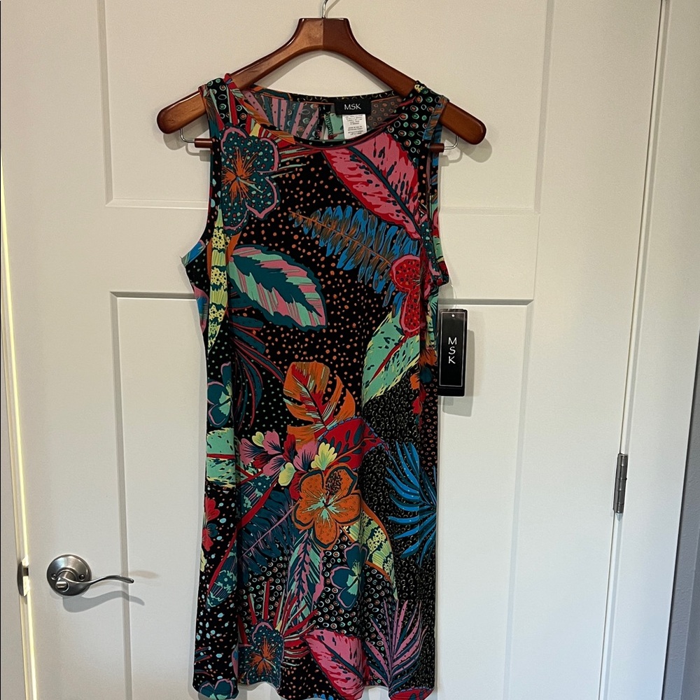 NWT MSK Black Tropical Floral Shift Dress with Multicolor Leaves Sz L